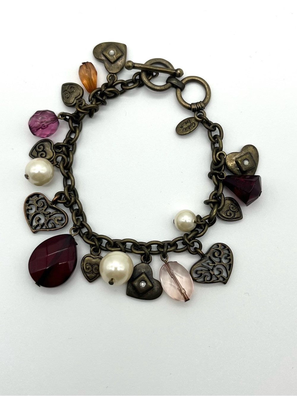 Cookie Lee Signed Bronze Tone Hearts And Dangle Beads Toggle Charm Bracelet